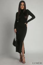 Luméri Muse | Smooth Dress With Long Sleeves And A Turtleneck Black 3 close-up detail – LUMÉRI