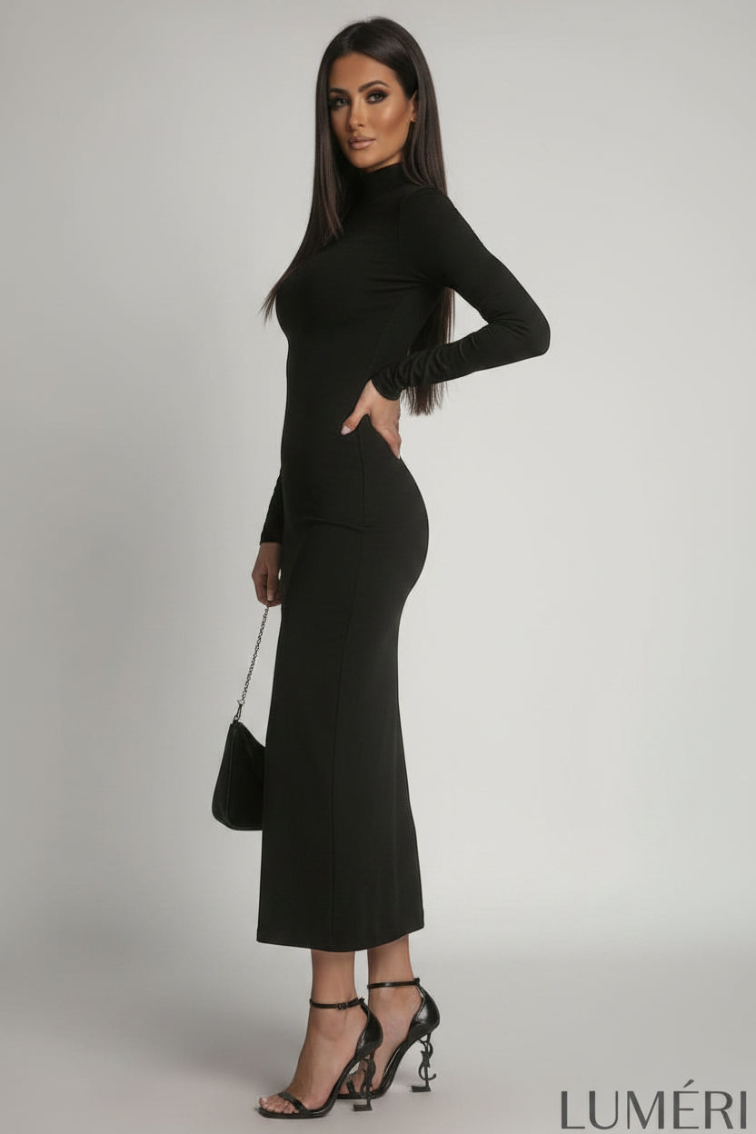 Luméri Muse | Smooth Dress With Long Sleeves And A Turtleneck Black 2 worn on model – LUMÉRI