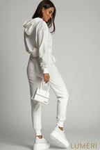 Luméri Leisure | Womens Tracksuit Set With An Asymmetric Sweatshirt Ekri 2 worn on model – LUMÉRI