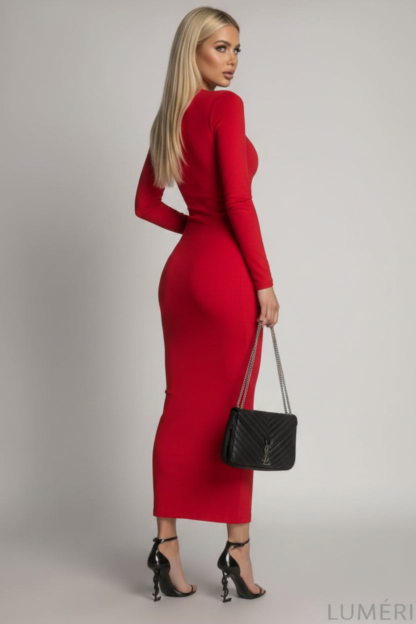 Luméri Muse | Smooth Long Sleeved Turtleneck Dress Red 2 worn on model – LUMÉRI