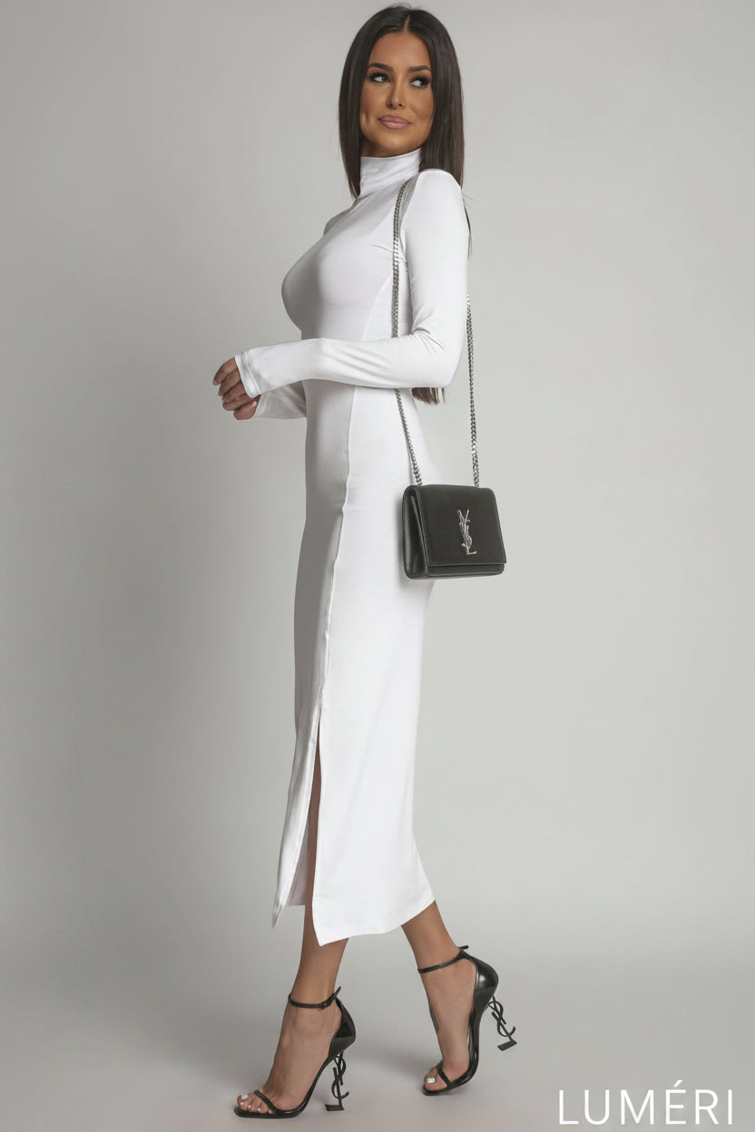 Luméri Muse | Smooth Dress With Long Sleeves And A Turtleneck White 1 – LUMÉRI