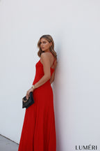 Luméri Muse | Red Maxi Dress With Straps 2 worn on model – LUMÉRI