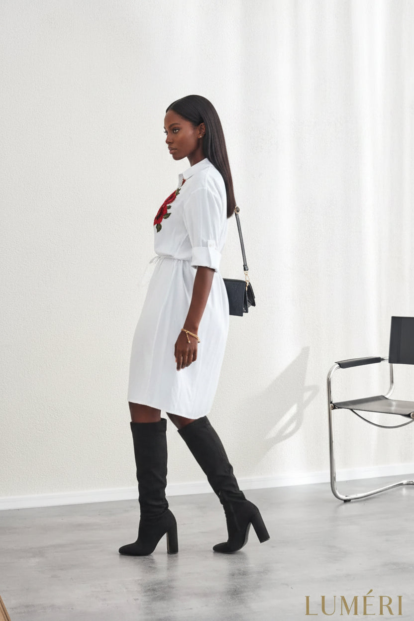 Luméri Muse | White Embroidered Shirt Dress 2 worn on model – LUMÉRI