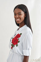 Luméri Muse | White Embroidered Shirt Dress 3 close-up detail – LUMÉRI