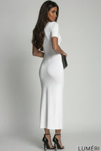 Luméri Muse | Turtleneck Midi Pencil Dress White 2 worn on model – LUMÉRI