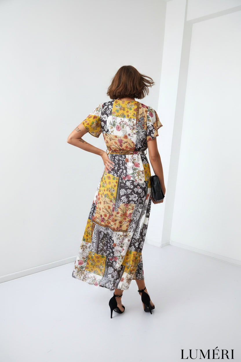 Luméri Muse | Maxi Wrap Dress With A Belt Yellow 2 worn on model – LUMÉRI