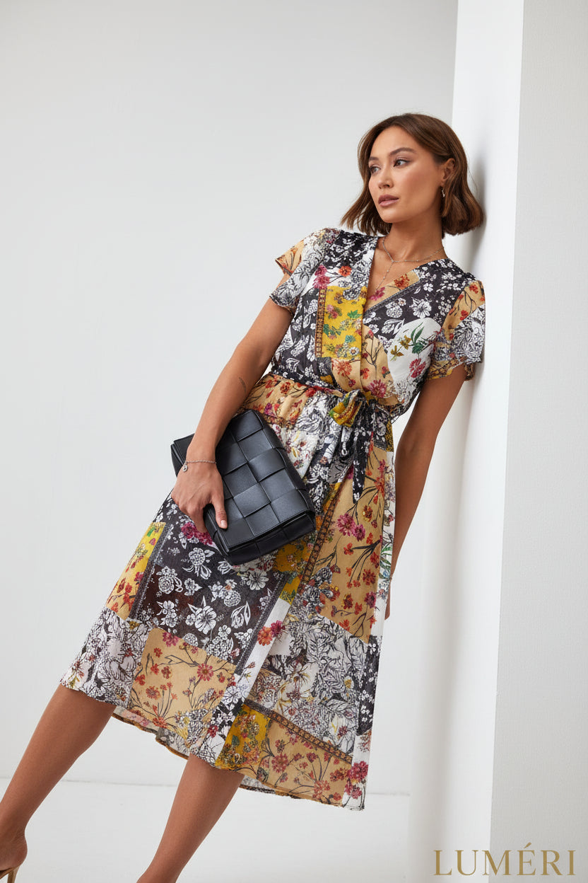 Luméri Muse | Maxi Wrap Dress With A Belt Yellow 3 close-up detail – LUMÉRI